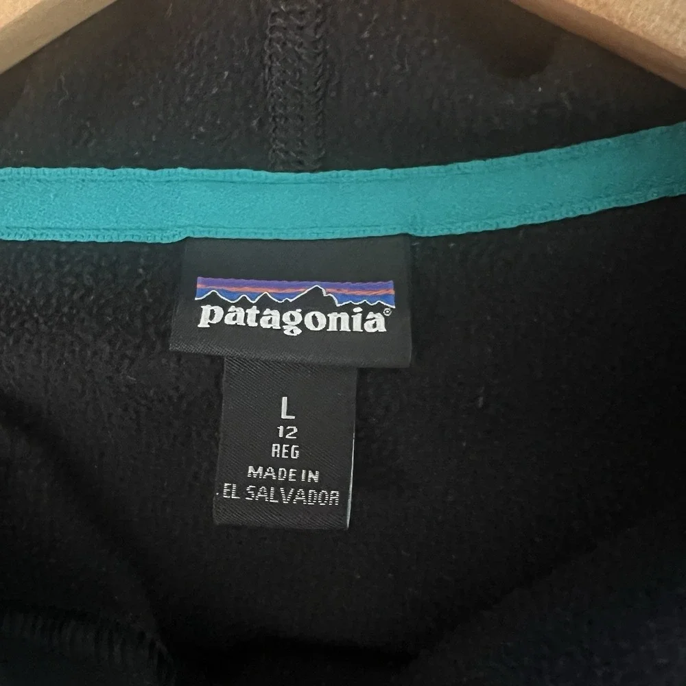Patagonia Boys' Graphic PolyCycle Hoody Size Large 12‎ Black Teal Logo *READ*